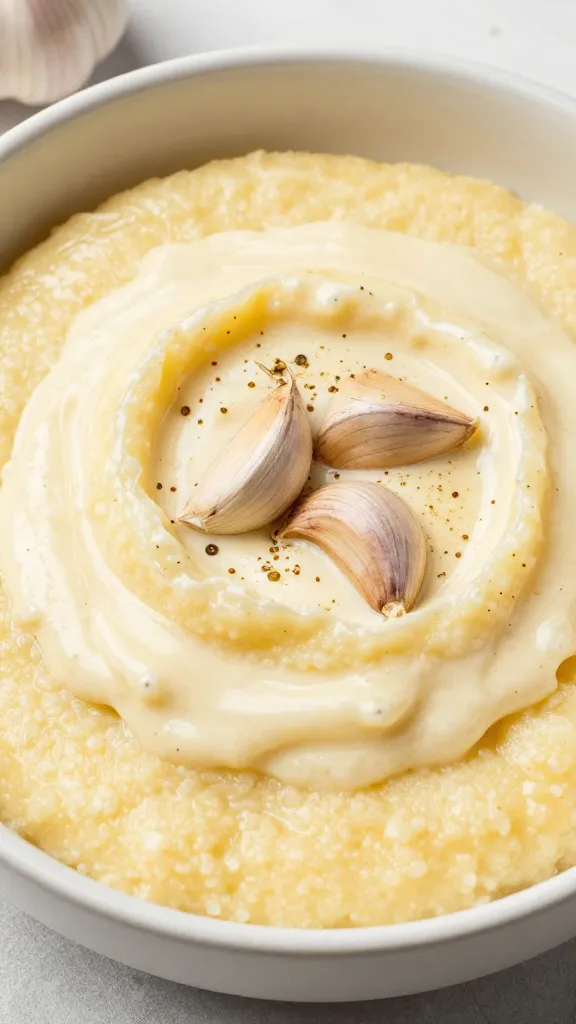 Creamy gluten-free polenta bowl close-up with garlic