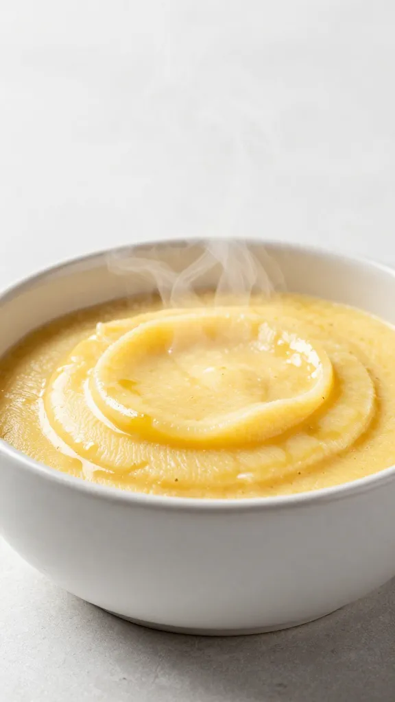 Steam rising polenta in rustic white bowl