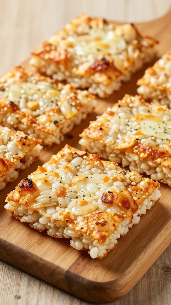 Crispy gluten-free rice pizza squares on wood board
