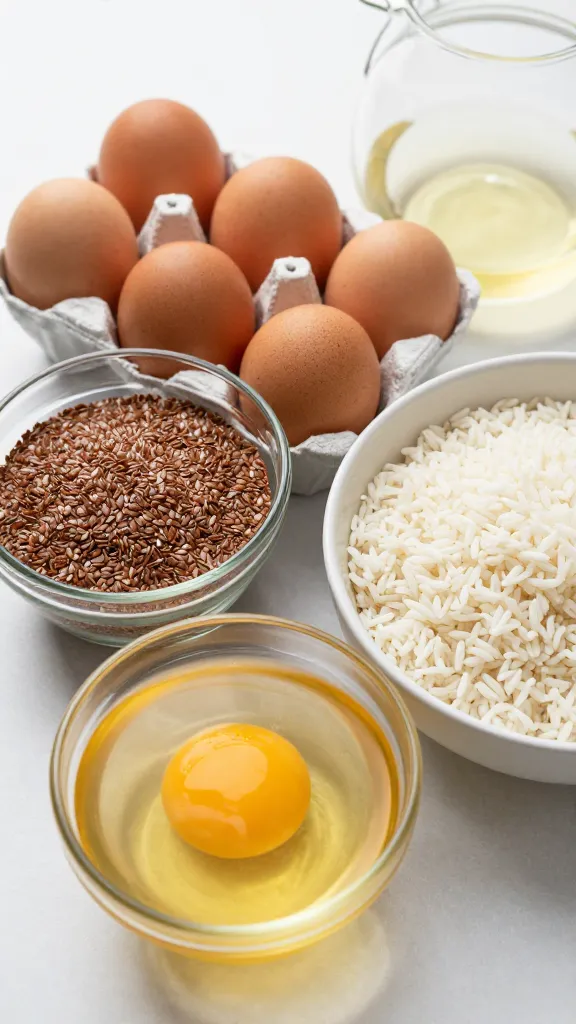Binders and ingredients: eggs, flax eggs, cooked rice, toppings scene