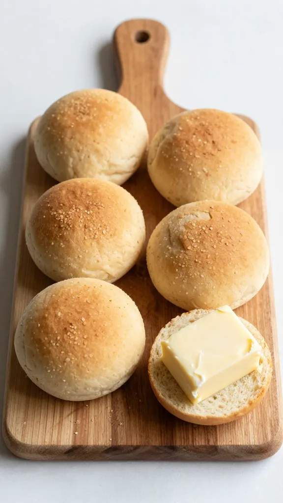 Rustic wooden board, gluten-free buns and dairy butter
