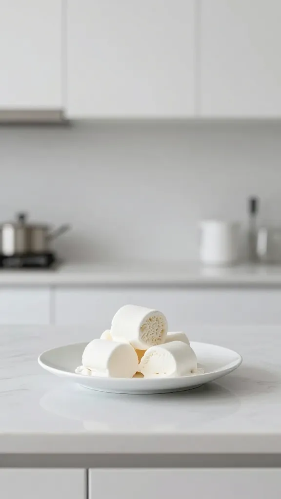 Minimalist kitchen with white plate of marshmallow ice cream