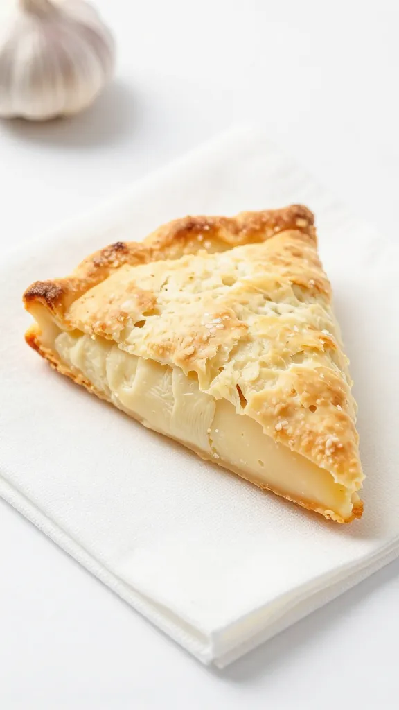 Wedge of cheese scone on white napkin, garlic scent hint