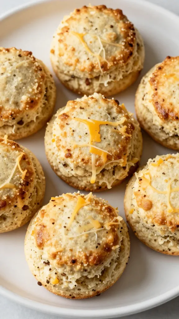 Plate of bite-sized scones with crisp edges, cheese strings visible