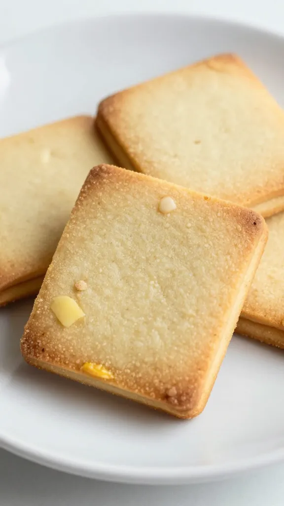 gluten-free shortbread on pale plate, buttered edge close-up