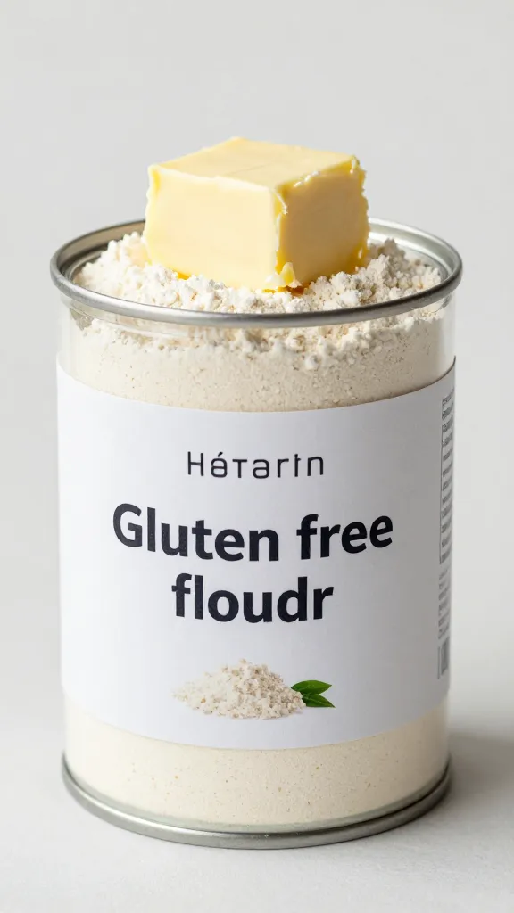 tin of gluten-free flour blend with butter, soft lighting