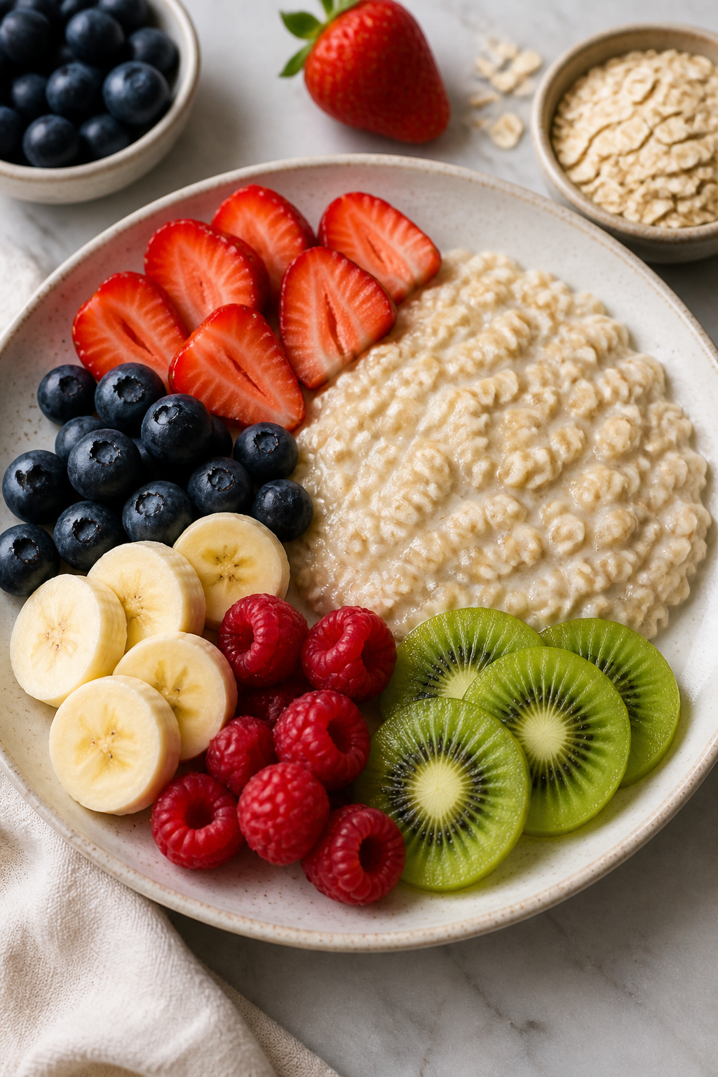 Gluten-free breakfast plate with fruit and oats