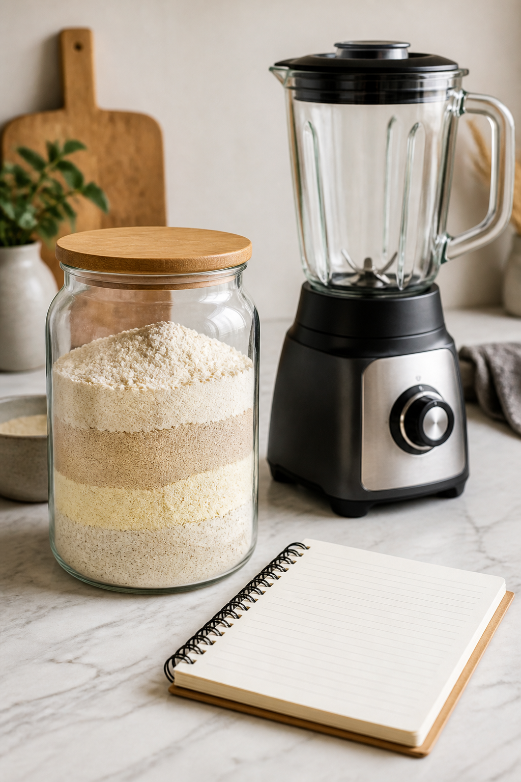 Glass jar of gluten-free flours, blender, notebook