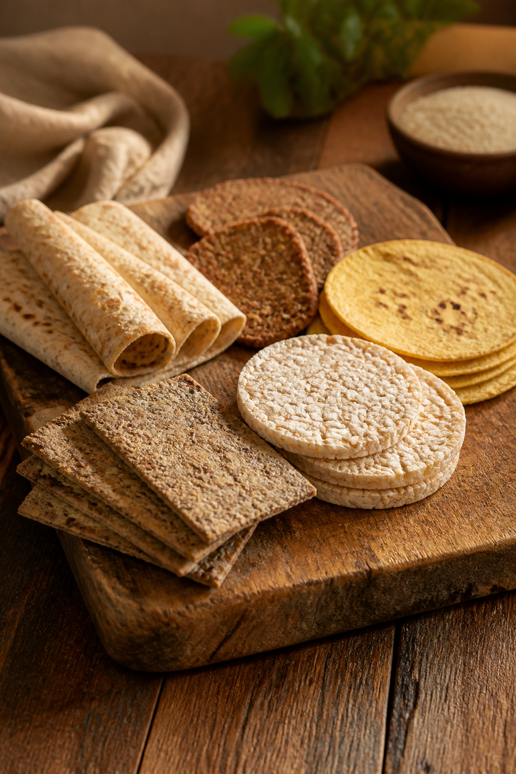 Bread alternatives on rustic cutting board,  warm lighting