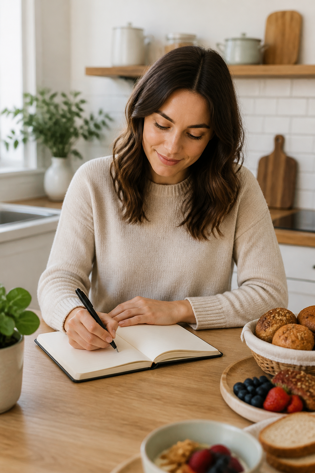 Person writing gluten-free diary at tidy kitchen counter